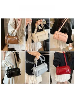 Collage showing six color options of the glossy cylinder shoulder bag on a model