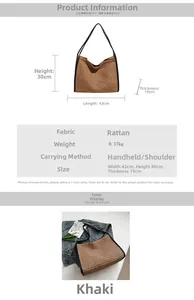 Detailed dimensions of the woven straw tote bag measuring 42x30x19cm with black straps