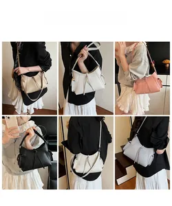 Detailed views of multi-color crossbody bags with leather knots and side pockets