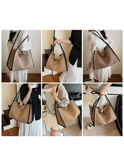 Multiple views of a large woven straw tote bag with black leather straps on a model