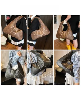 Multiple views of vintage hobo bag in dark brown and black worn by a model