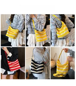 Detailed grid view of striped woven tote bags in yellow, red, and black mesh material