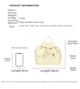Size specifications of cream nylon backpack showing 28cm dimensions and phone comparison