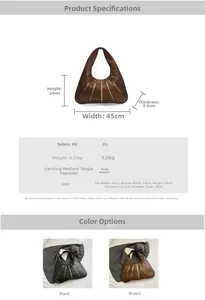 Detailed size chart and color options for large PU leather tote bag with vertical stitching