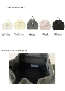 Nylon drawstring backpack color options in white yellow pink black with interior view