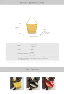 Detailed size guide for striped PU woven bucket bag with dimensions for large and small versions