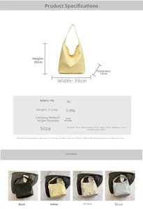 Detailed size specifications and color variants of the large PU leather hobo tote bag