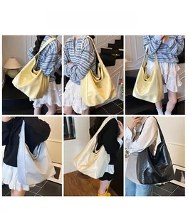 Collage of large capacity soft leather tote bags in yellow, blue, white, and black colors