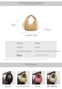 Detailed size specifications and multi-color display of the quilted dumpling bag