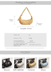Detail view of large pleated croissant bag with dimensions and material specifications