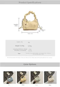 Detailed size specifications and material chart for pleated cloud crossbody bag