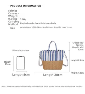 Size guide for blue striped canvas tote with straw bottom showing dimensions and weight