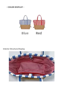 Detail showing red and blue striped canvas tote with straw base and inner zipper pocket