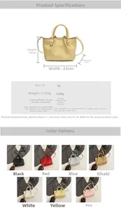 Detailed size chart and product parameters for the woven PU leather bucket bag with dimensions