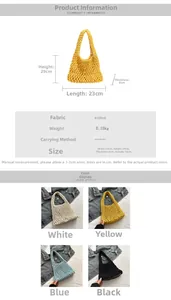 Detailed size chart for hollow knit handbag showing 23x29x8cm dimensions in four colors