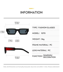 Size chart and technical specifications for square frame retro hip-hop sunglasses