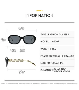 Detailed size chart and technical specifications for square chain link temple sunglasses