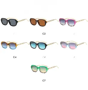 Detail of square sunglasses with hollow metal chain arms in multiple color options