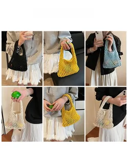 Detail shots of hollow knit handbags in black, yellow, blue, and cream on models