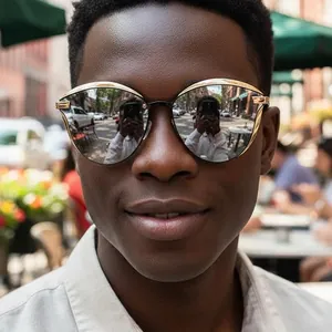 Fashionable oversized cat eye metal sunglasses with silver mirrored lenses on male model