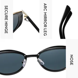 Detail of secure metal hinges, arc temples and silicone nose pads on cat eye sunglasses
