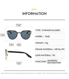 Size guide for oversized cat-eye metal sunglasses with full frame dimensions and specs