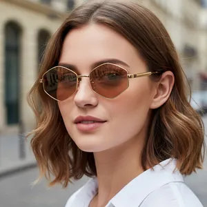Chic polygonal metal sunglasses with brown gradient lenses for outdoor fashion style
