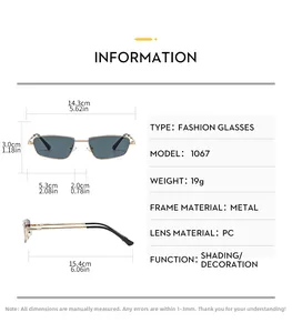 Detailed size chart for retro square metal sunglasses with golden frame and dark lenses
