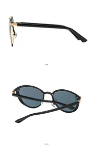 Detail view showing side and back angles of cat eye sunglasses with gold metal hinges