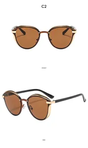 Front and side views of stylish oversized cat-eye sunglasses with gold metal details