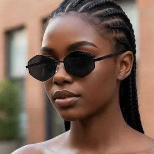 Modern hexagonal punk sunglasses with black frames and dark lenses for outdoor street style