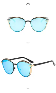Front and side view of C3 cat eye sunglasses with blue lenses and gold metal frames