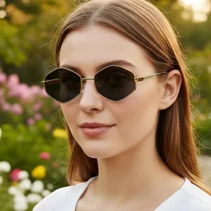 Retro punk style hexagonal metal frame sunglasses with dark lenses for outdoor fashion