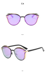 Front and side view of C4 cat-eye sunglasses with purple lenses and gold metal accents