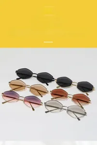 Detailed display of hexagonal punk sunglasses in various gradient lens colors and metal frames