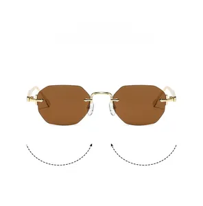 Close-up of rimless octagonal sunglasses with brown lenses and golden metal temples