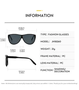 Detailed size chart and specifications for oversized cat-eye sunglasses model JH18260