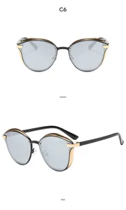 Front and side views of cat eye sunglasses with gold metallic trim and gray lenses