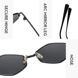 Detail of secure hinges and arc temple design on black punk style metal sunglasses
