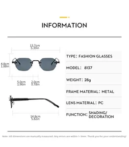 Detailed size chart for rimless polygonal sunglasses with metal frame and grey lenses