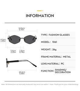 Size chart showing specifications for punk metal frame hexagonal sunglasses