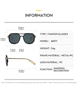 Size chart showing double-bridge pilot sunglasses dimensions and material specifications