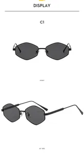Front and 45-degree side views of black hexagonal metal punk sunglasses with grey lenses