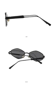 Detail view of hexagonal punk sunglasses with textured metal temples and grey lenses