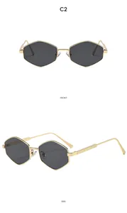 Detailed front and side views of gold hexagonal metal sunglasses with dark gray lenses