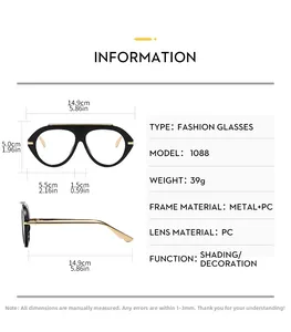 Size chart for oversized aviator glasses showing 14.9cm frame width and metal PC specs