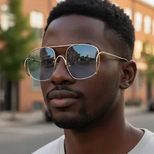 Lunettes aviateur dorées surdimensionnées avec verres dégradés bleus sur un mannequin