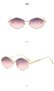 Detailed front and side views of gold hexagonal metal sunglasses with purple gradient lenses