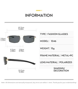 Detailed size chart for polarized sunglasses showing 15.7cm width and metal frame specs