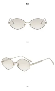 Detailed front and side views of hexagonal metal sunglasses with engraved temple patterns